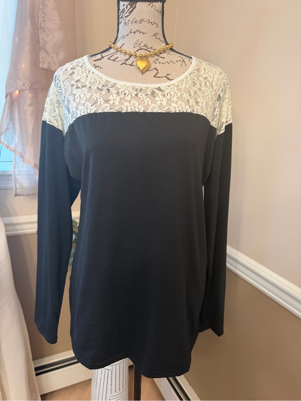 Women's Black Long Sleeve Top with Cream Lace Yoke/ Size L
